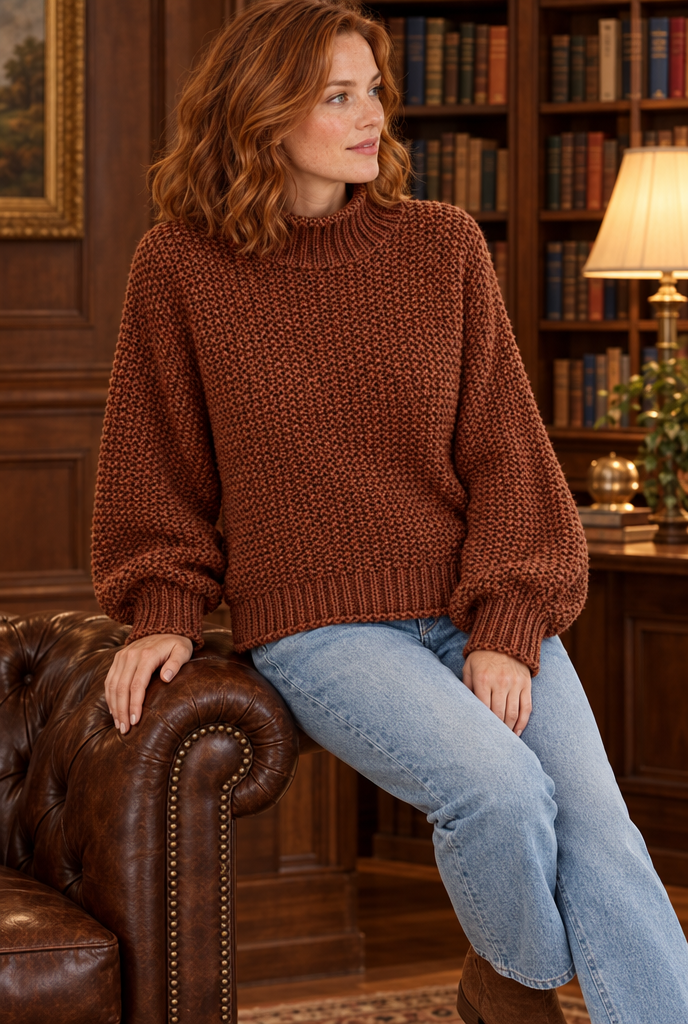 Pull col roulé en grosse maille — Rouille — en situation
