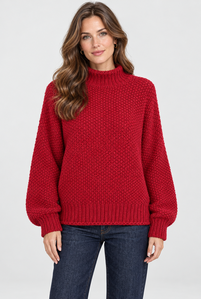 Pull col roulé en grosse maille — Rouge cerise — photo studio