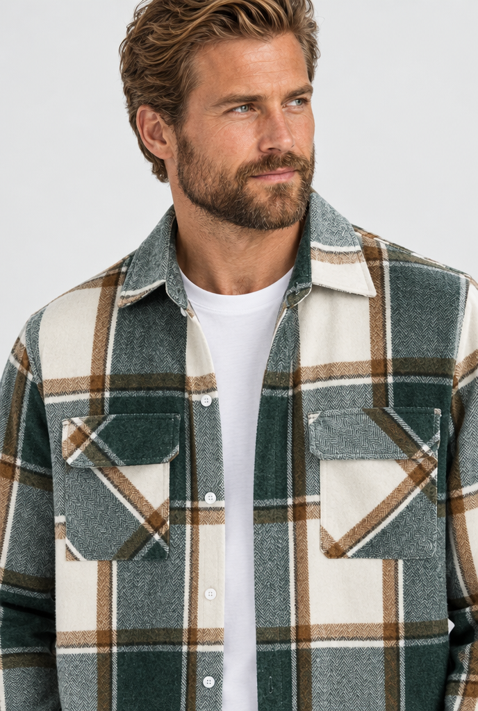 Green Plaid plaid flannel shirt jacket, collar