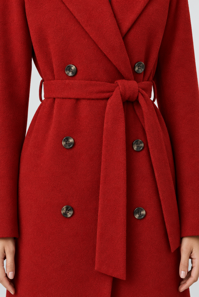 Manteau long croisé ceinturé effet laine — Rouge — détail