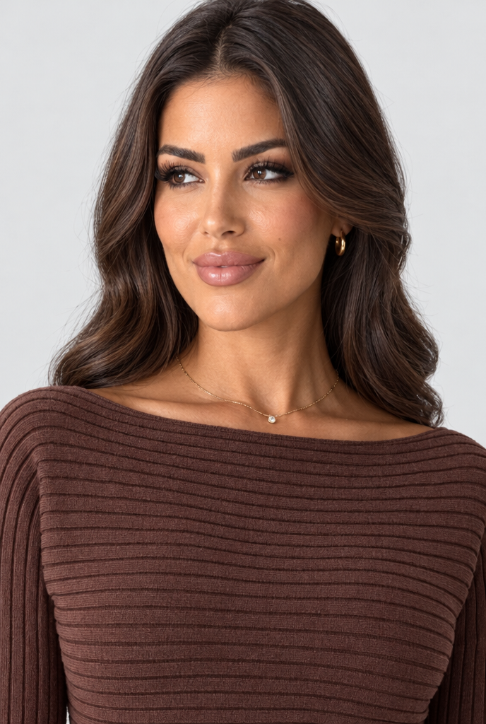 Ensemble pull court et robe nuisette en maille côtelée — Chocolat — gros plan