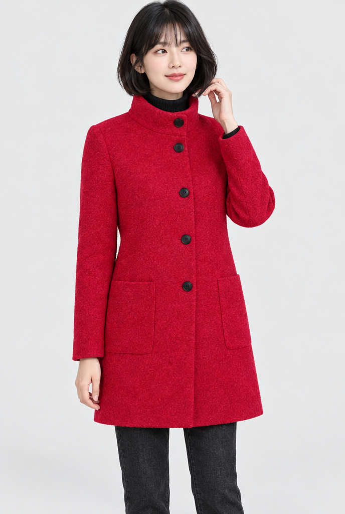 Manteau boutonné col montant effet laine — Rouge cerise — photo studio