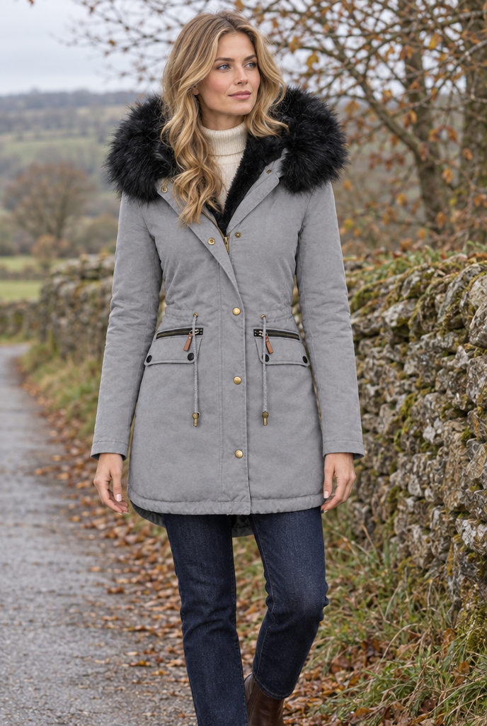 Parka à capuche doublée peluche et fausse fourrure — Gris clair — en situation