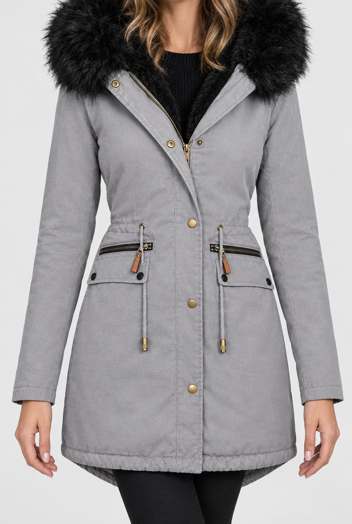 Parka à capuche doublée peluche et fausse fourrure — Gris clair — détail