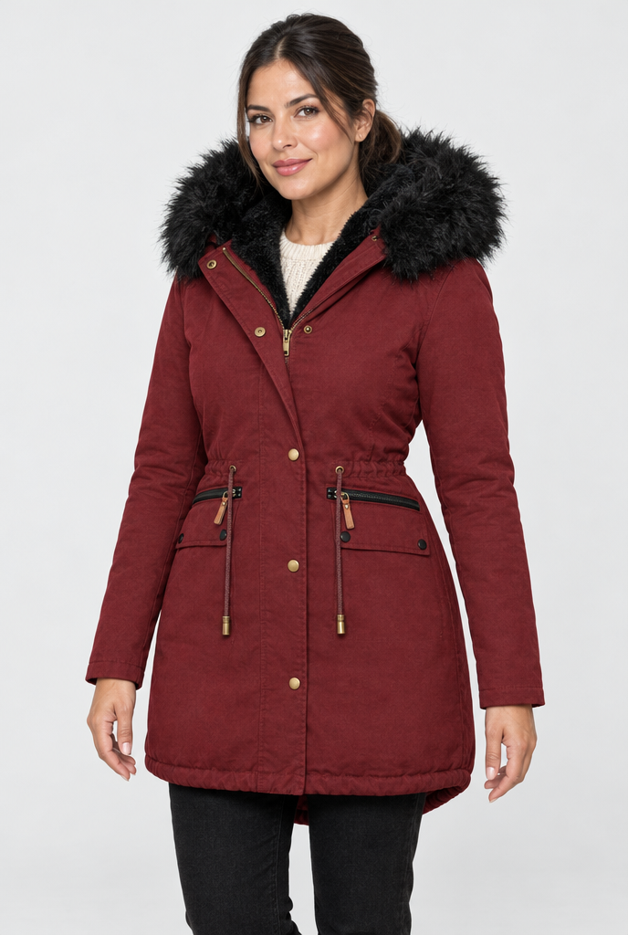 Parka à capuche doublée peluche et fausse fourrure — Bordeaux — photo studio