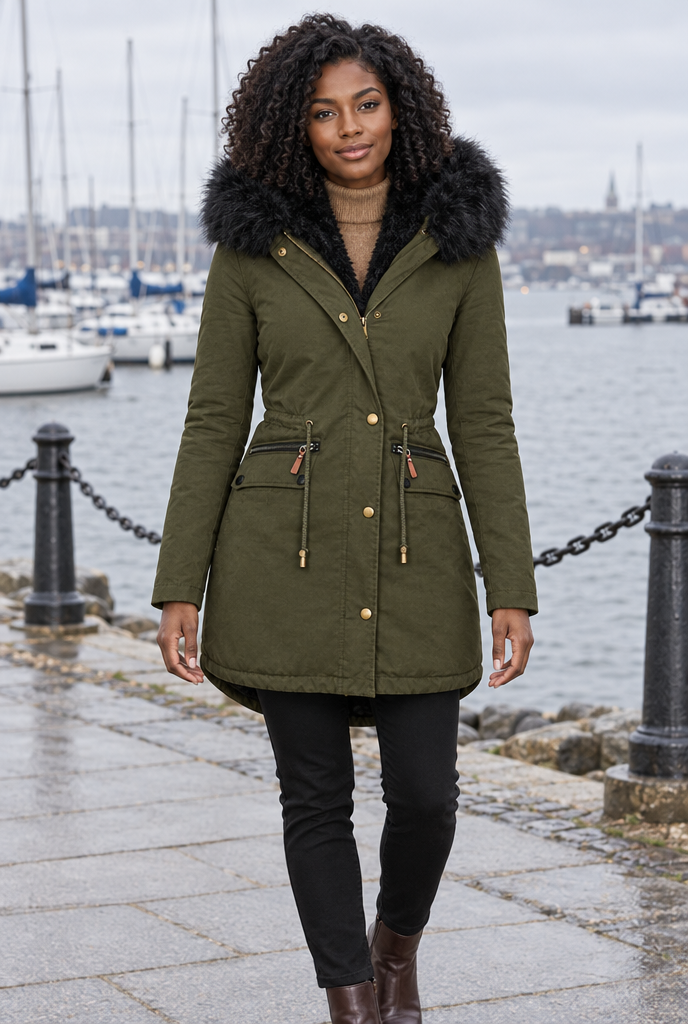 Parka à capuche doublée peluche et fausse fourrure — Olive — en situation