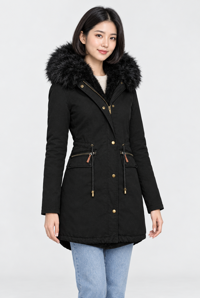Parka à capuche doublée peluche et fausse fourrure — Noir — photo studio