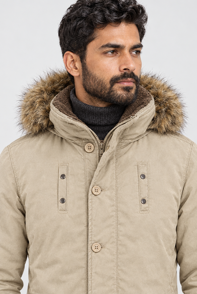 Parka doublée polaire à capuche fausse fourrure — Kaki — détail du col