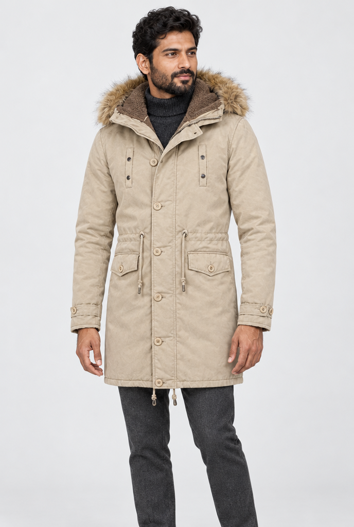 Parka doublée polaire à capuche fausse fourrure — Kaki — photo studio