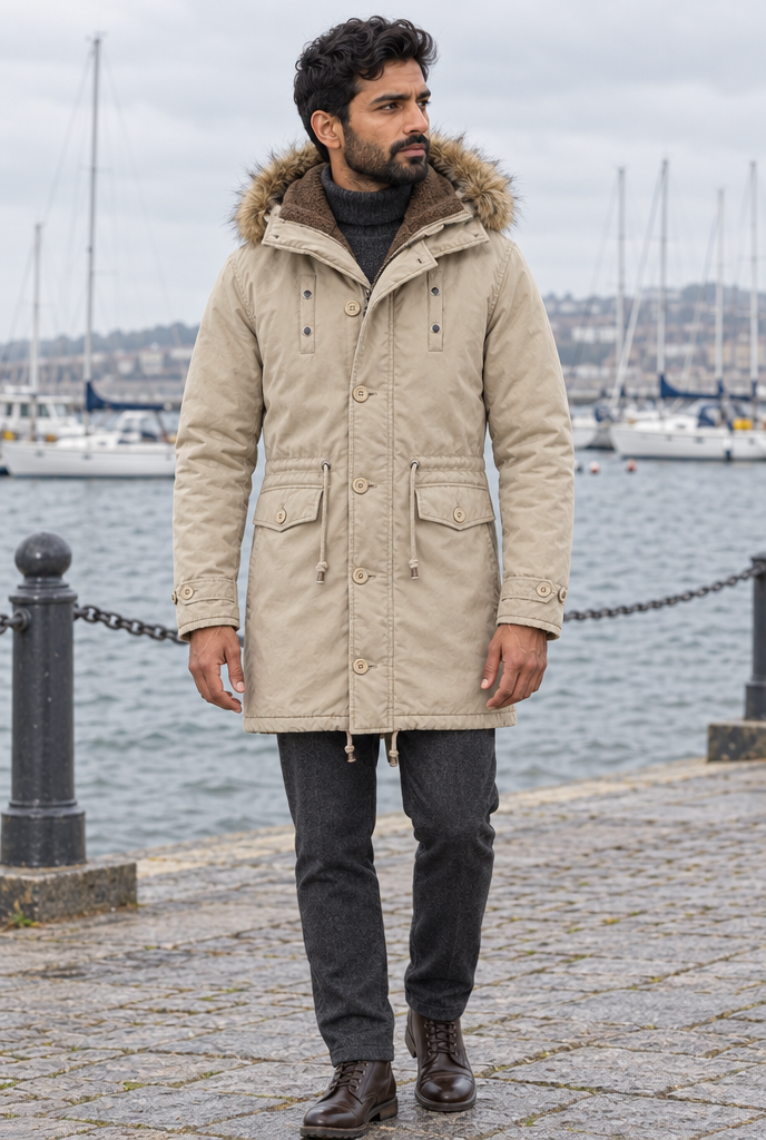 Parka doublée polaire à capuche fausse fourrure — Kaki — en situation