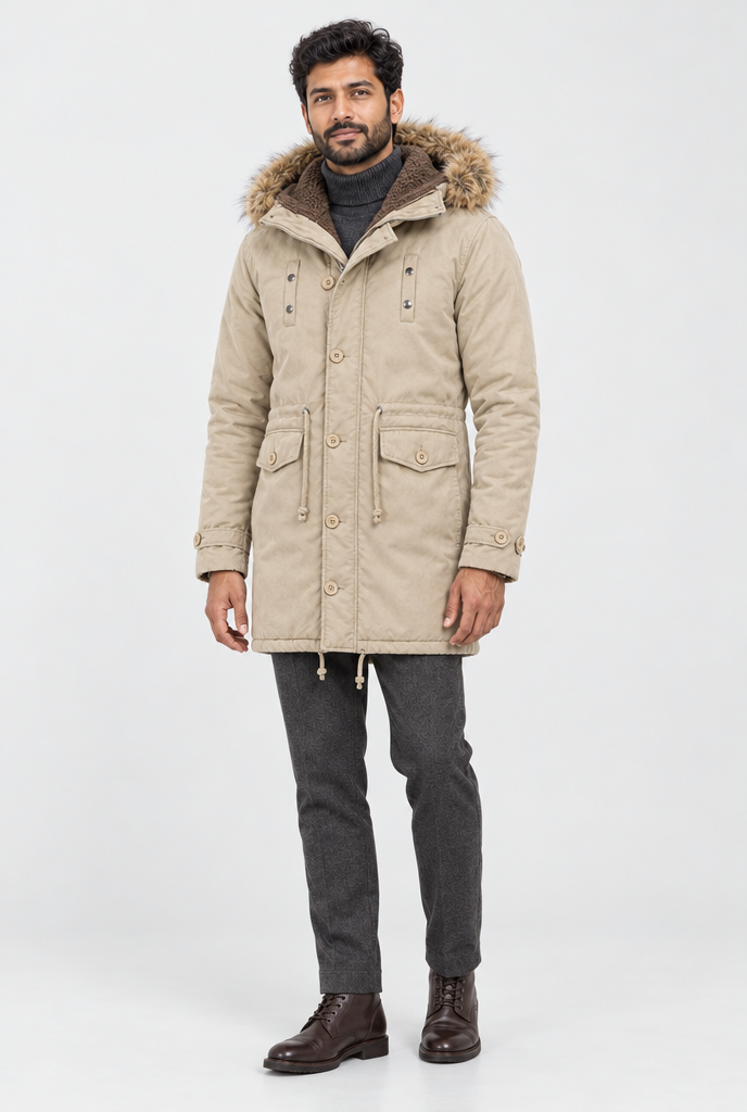 Parka doublée polaire à capuche fausse fourrure — Kaki — silhouette complète