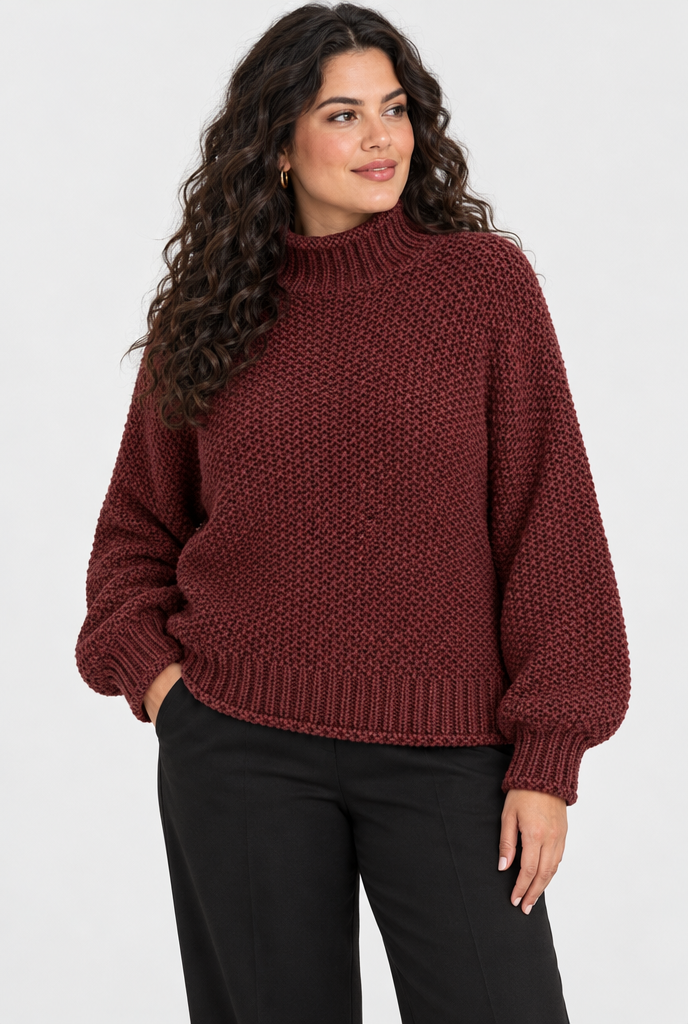 Pull col roulé en grosse maille — Bordeaux — photo studio