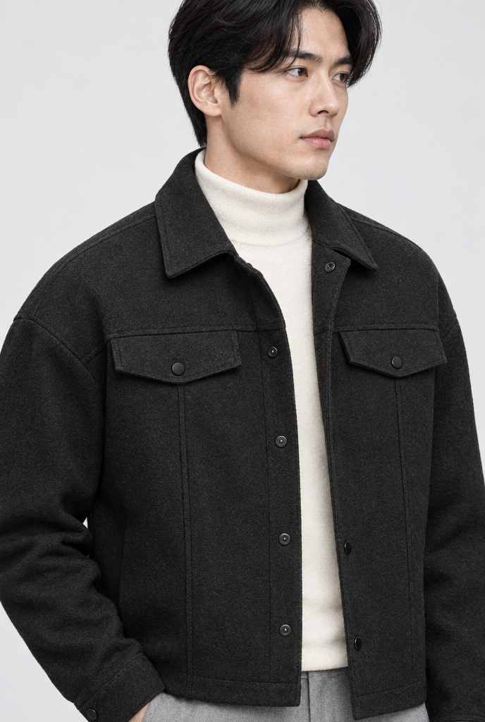 Veste trucker boutonnée effet laine — Noir — détail du col