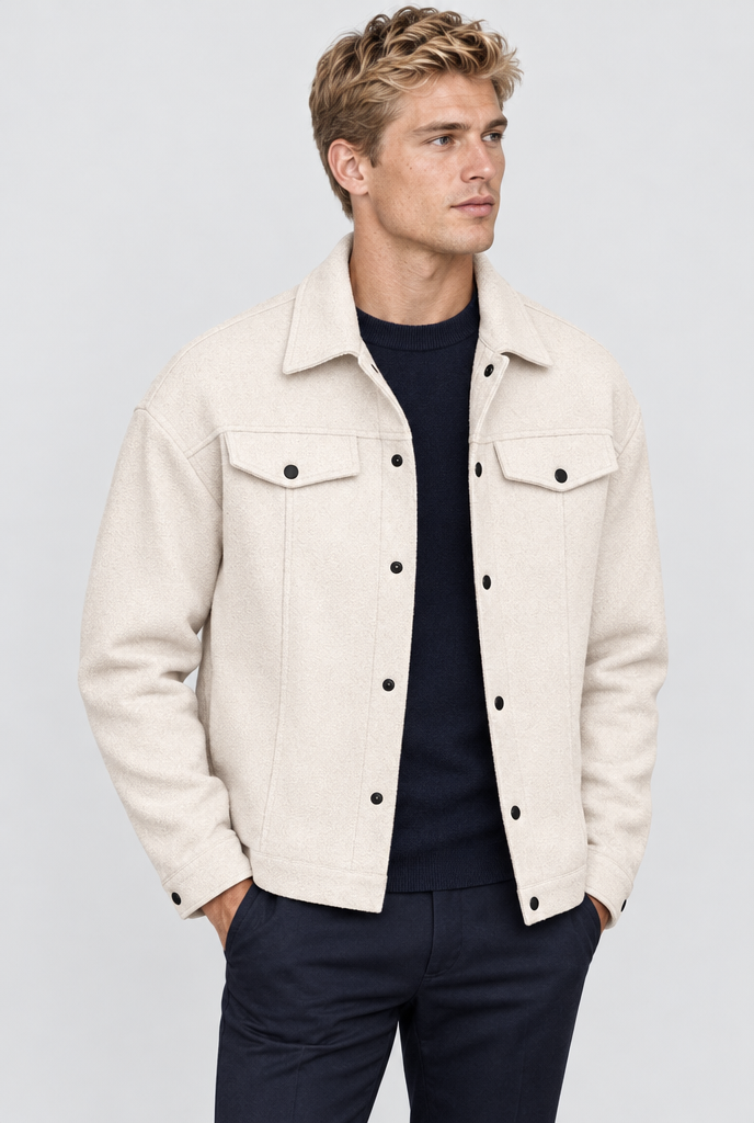 Veste trucker boutonnée effet laine — Crème — photo studio
