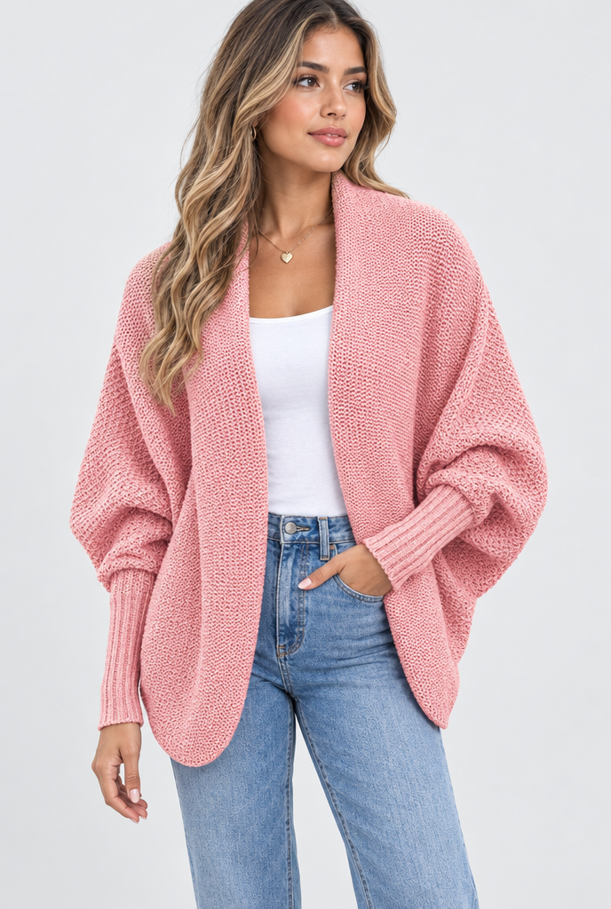 Gilet cocon col châle à manches chauve-souris — Rose — photo studio