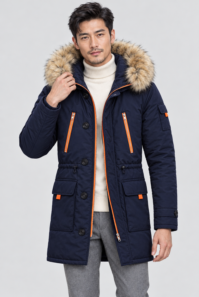 Parka utilitaire matelassée à capuche fausse fourrure — Marine — photo studio