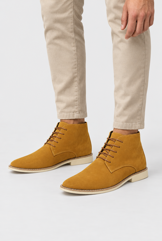 Tan suede-look chukka boots, on feet