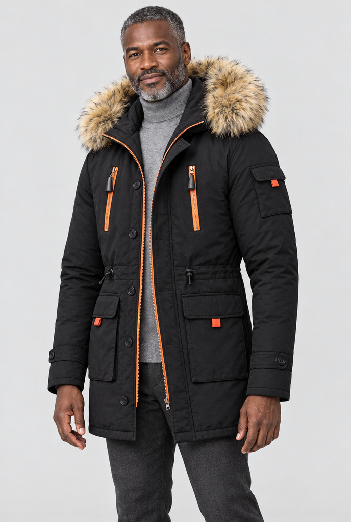 Parka utilitaire matelassée à capuche fausse fourrure — Noir — photo studio