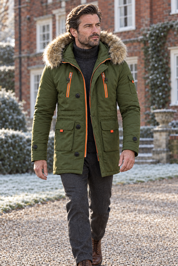 Parka utilitaire matelassée à capuche fausse fourrure — Olive — en situation