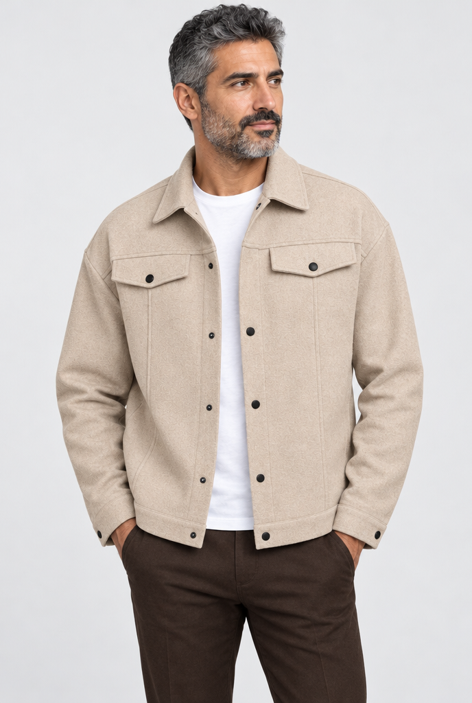 Veste trucker boutonnée effet laine — Sable — photo studio