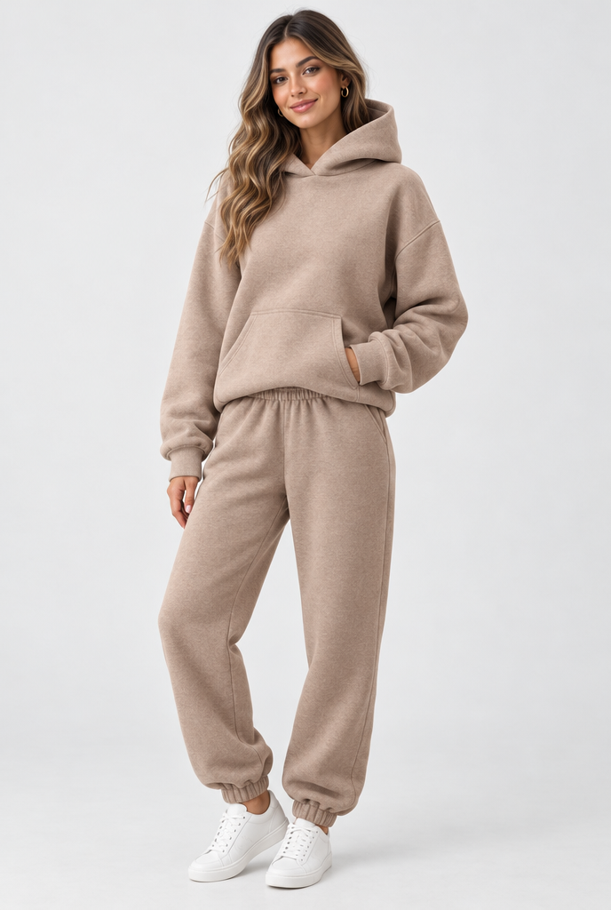 Ensemble sweat à capuche oversize et jogging en molleton — Latte — silhouette complète