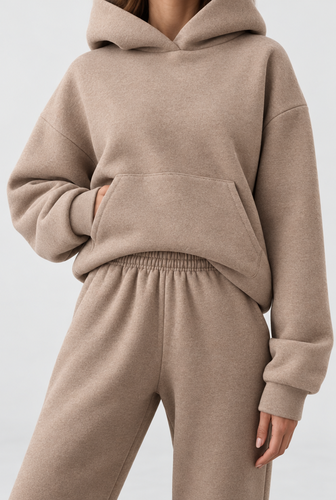 Ensemble sweat à capuche oversize et jogging en molleton — Latte — détail