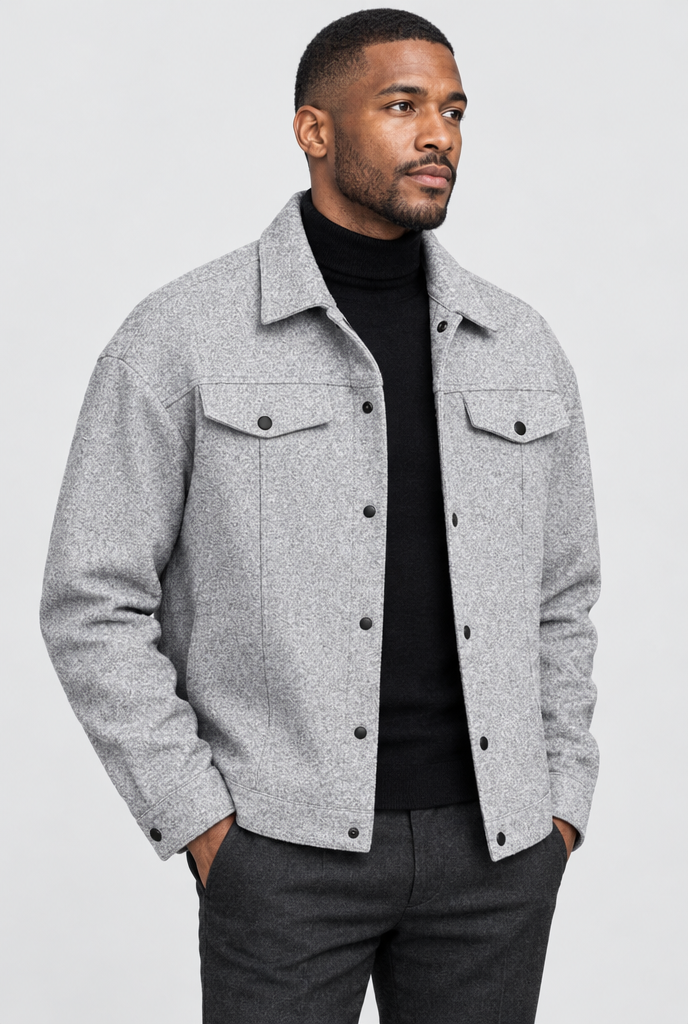 Veste trucker boutonnée effet laine — Gris chiné clair — photo studio