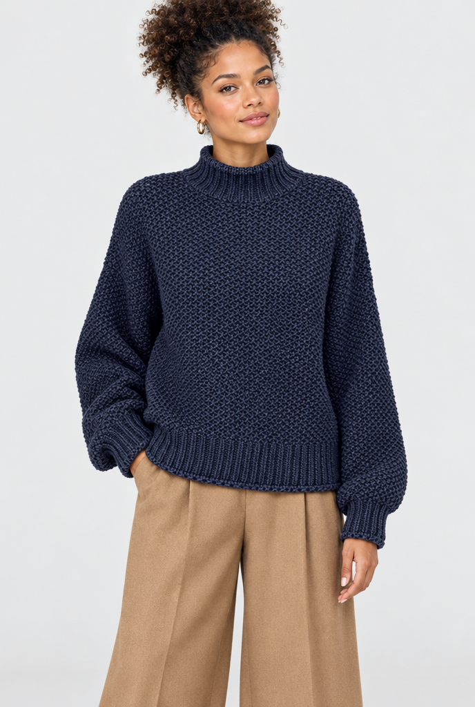Pull col roulé en grosse maille — Marine — photo studio