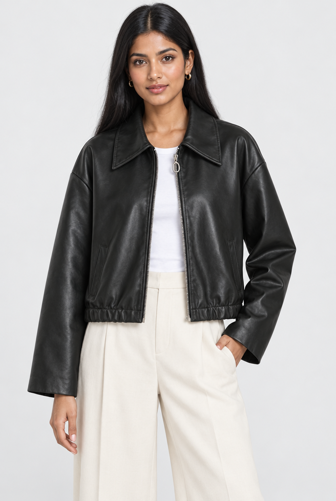 Veste courte zippée à col en simili cuir — Noir — photo studio