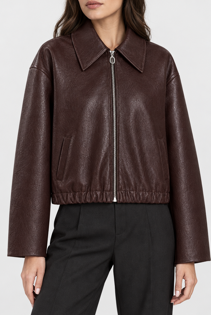 Veste courte zippée à col en simili cuir — Bordeaux — détail