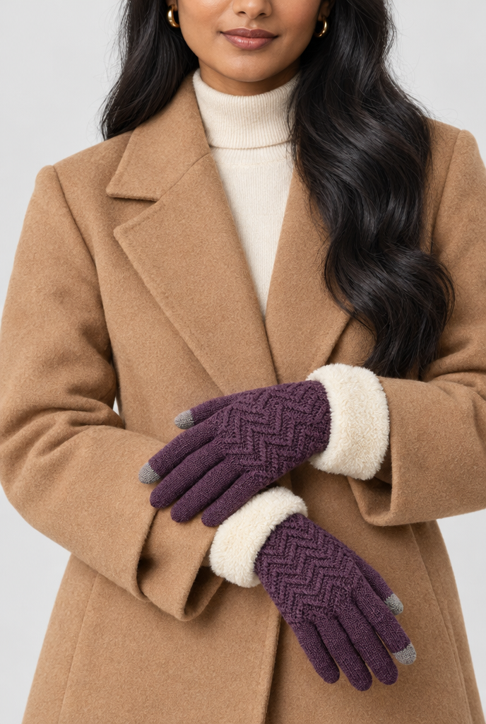 Gants en maille doublés, revers peluche et bouts tactiles — Prune — photo principale