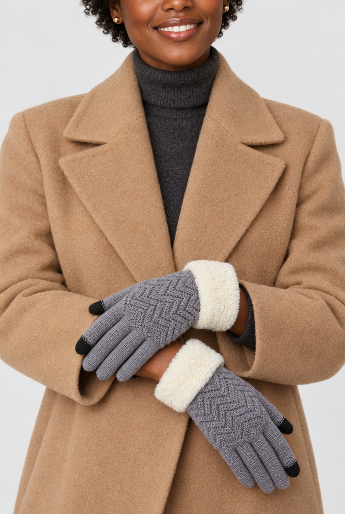Gants en maille doublés, revers peluche et bouts tactiles — Gris tourterelle — photo principale