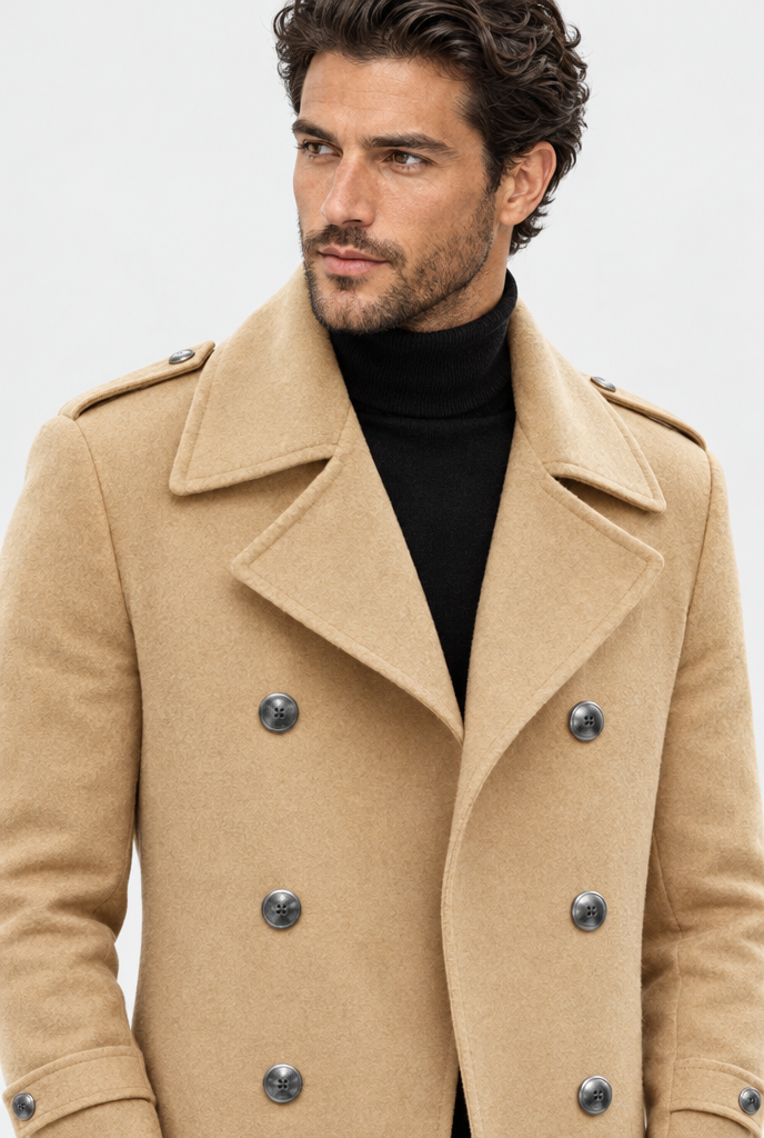 Manteau long croisé effet laine — Camel — détail du revers