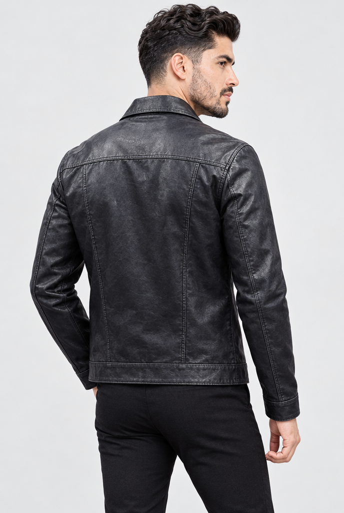 Veste trucker en simili cuir doublée polaire — Noir — vue de dos