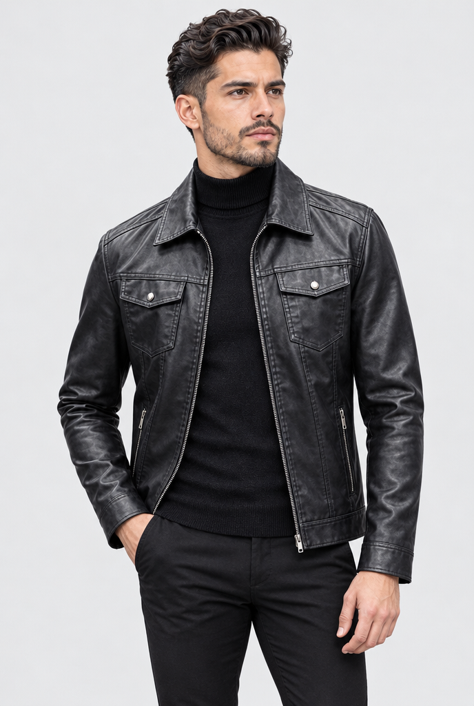 Men's Fleece-Lined Faux Leather Trucker Jacket