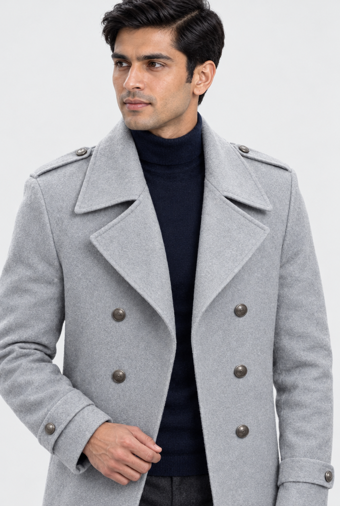 Manteau long croisé effet laine — Gris perle — détail du revers