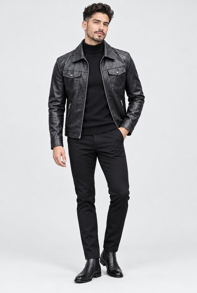 Veste trucker en simili cuir doublée polaire — Noir — silhouette complète