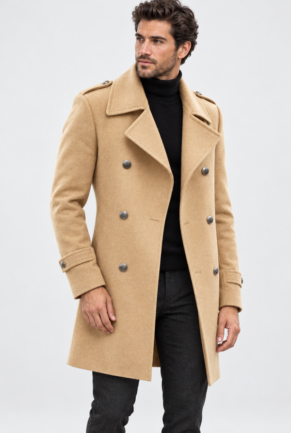 Men's Double-Breasted Wool-Look Long Coat