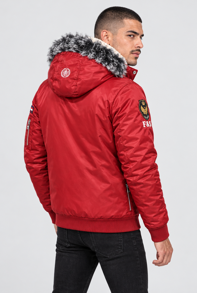 Blouson doublé sherpa à capuche fausse fourrure — Rouge — vue de dos