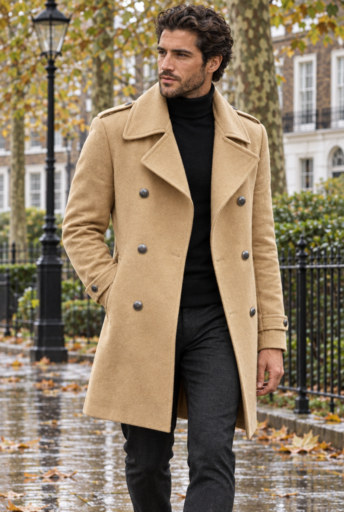 Manteau long croisé effet laine — Camel — en situation