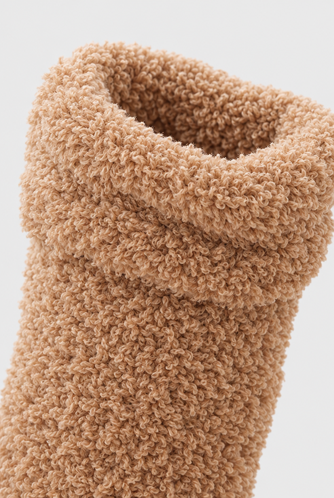Chaussettes cuissardes en peluche douce — Caramel — gros plan matière