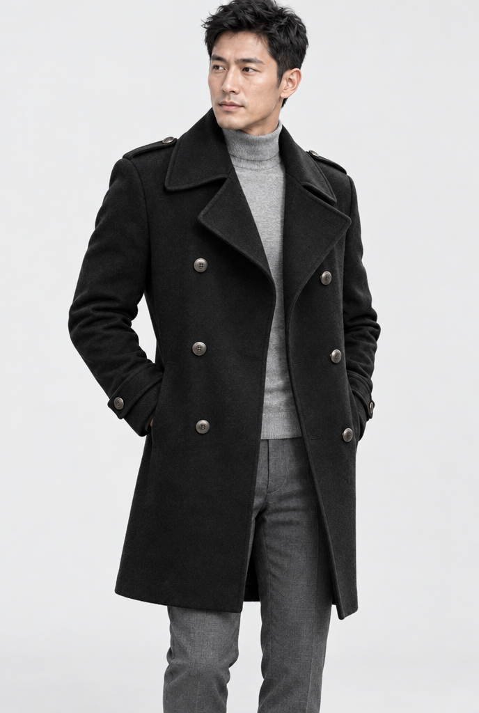 Manteau long croisé effet laine — Noir — photo studio