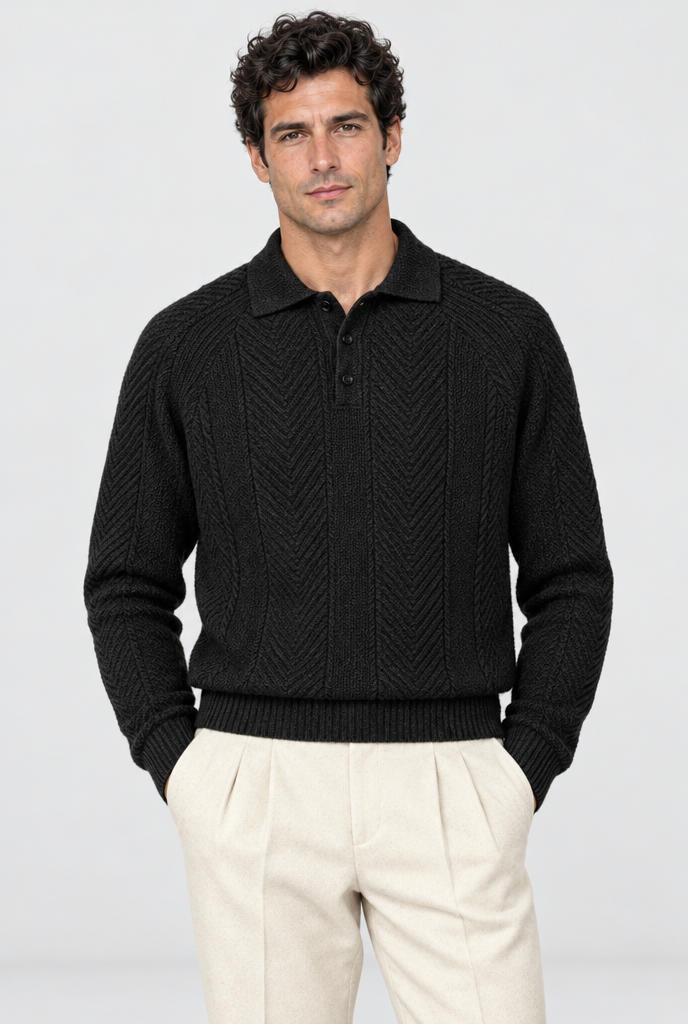Black chevron cable-knit polo sweater, studio hero