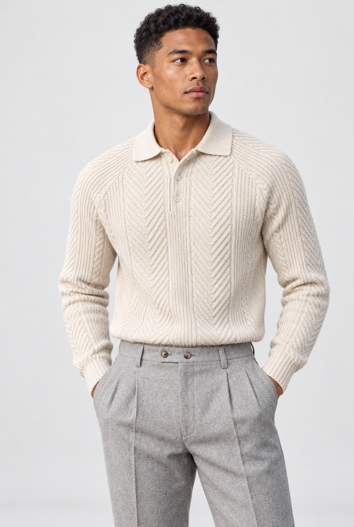 Pull col polo en maille torsadée à chevrons — Crème — photo studio
