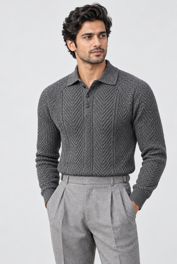 Charcoal Grey chevron cable-knit polo sweater, studio hero