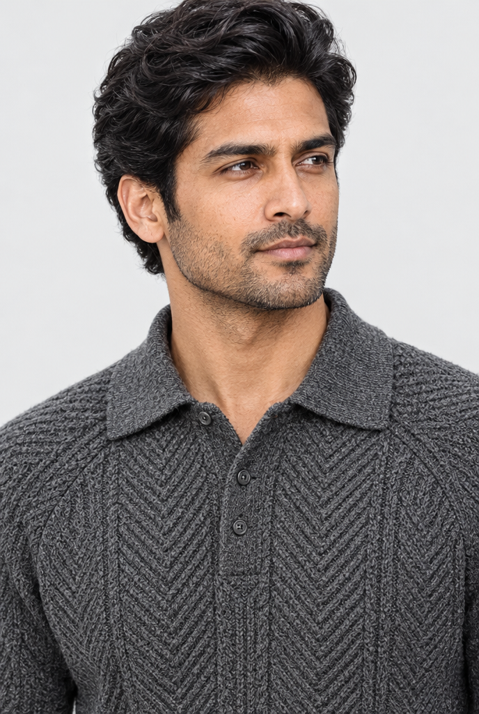 Charcoal Grey chevron cable-knit polo sweater, collar close-up