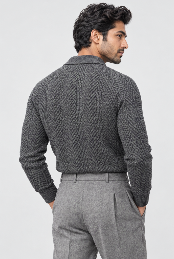 Pull col polo en maille torsadée à chevrons — Gris anthracite — vue de dos