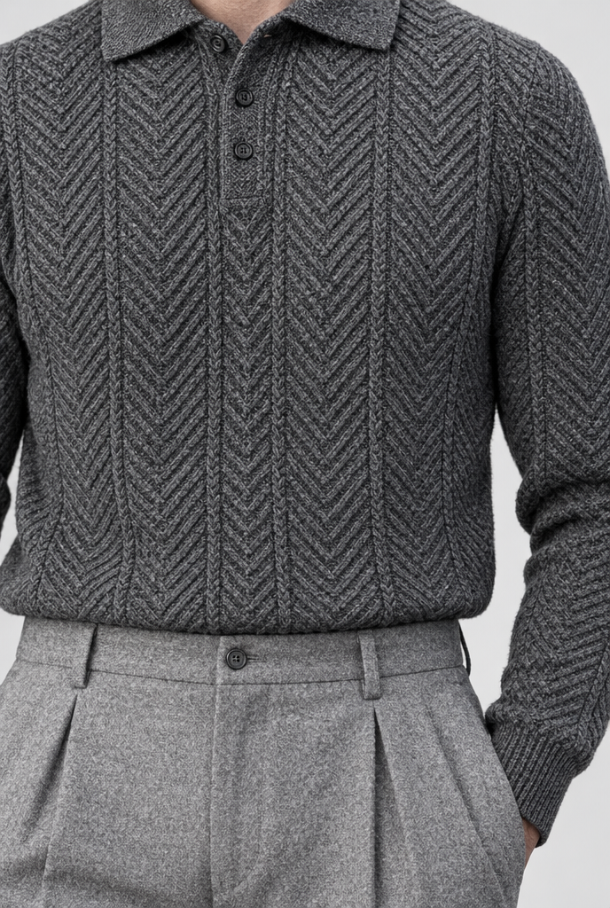 Pull col polo en maille torsadée à chevrons — Gris anthracite — détail