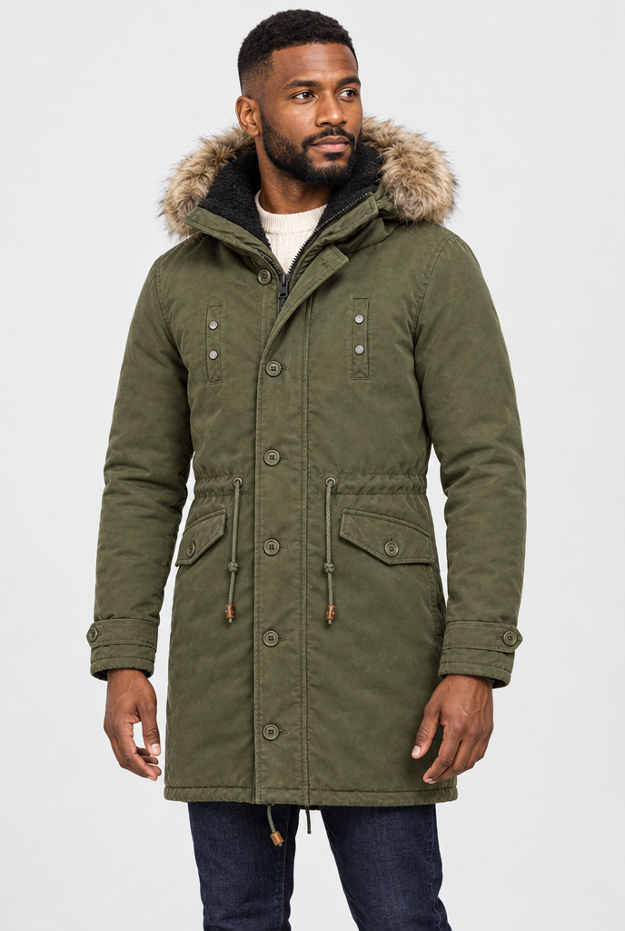 Parka doublée polaire à capuche fausse fourrure — Olive — photo studio