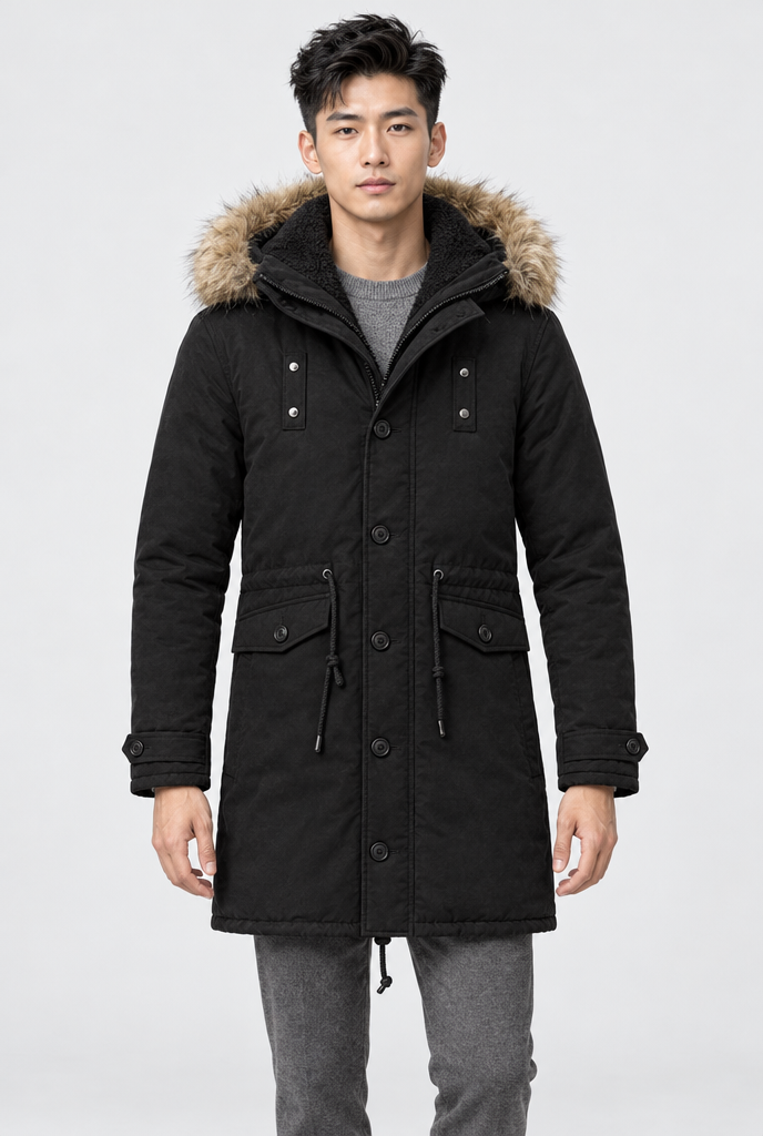 Parka doublée polaire à capuche fausse fourrure — Noir — photo studio